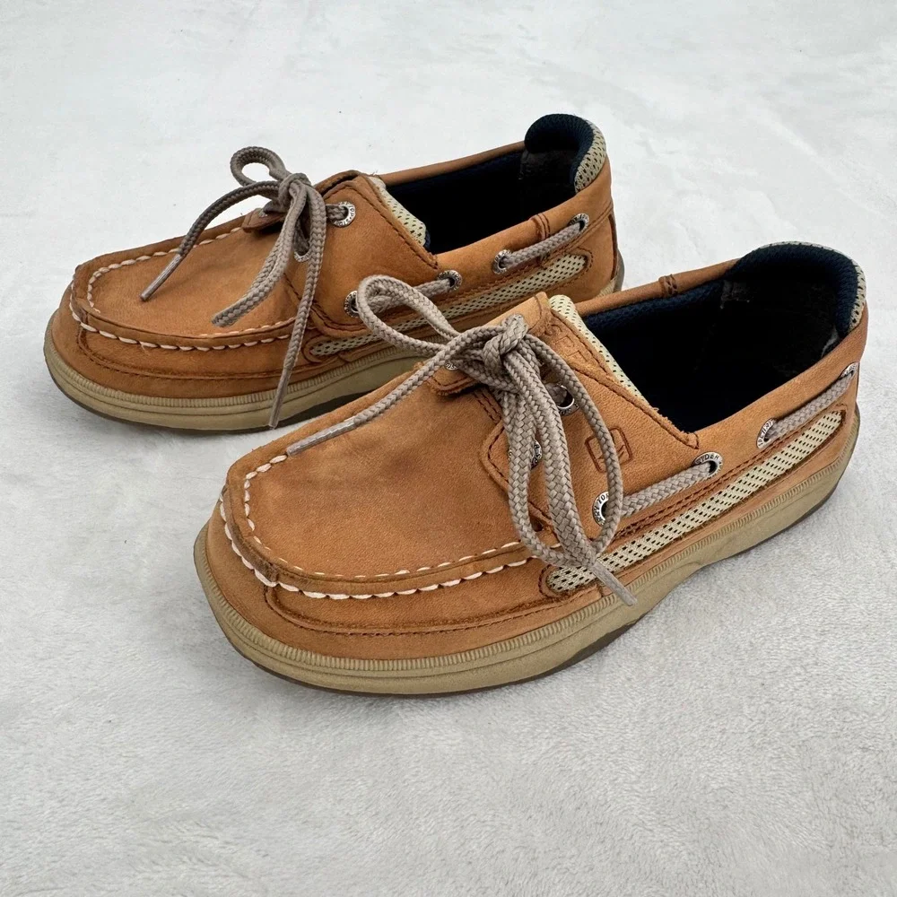 Sperry Top-Sider Lanyard Boat Shoes Boys Sz 13 Tan Tie Leather Moccasin Loafers